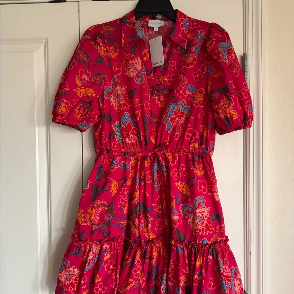 Sugarlips elegant vibrant Floral Red Dress small. Cinch - Picture 6 of 12